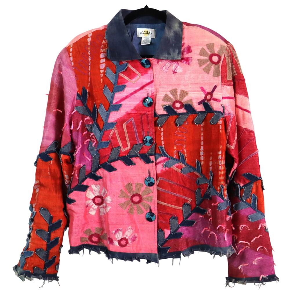 Vintage 90s Sandy Starkman SILK Cotton Art Jacket Mixed Media Funky Patchwork L